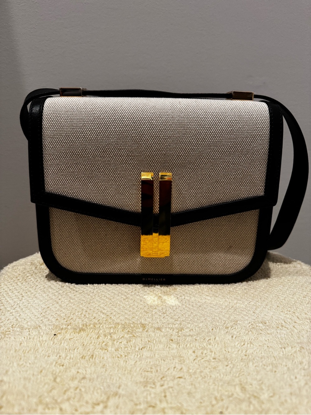 Ladies Beige and Black Crossbody Bag with Gold Hardware